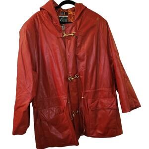 Vtg 80s  Red Genuine Leather Waist Length Coat Size L Brass Buckles YKK Zipper